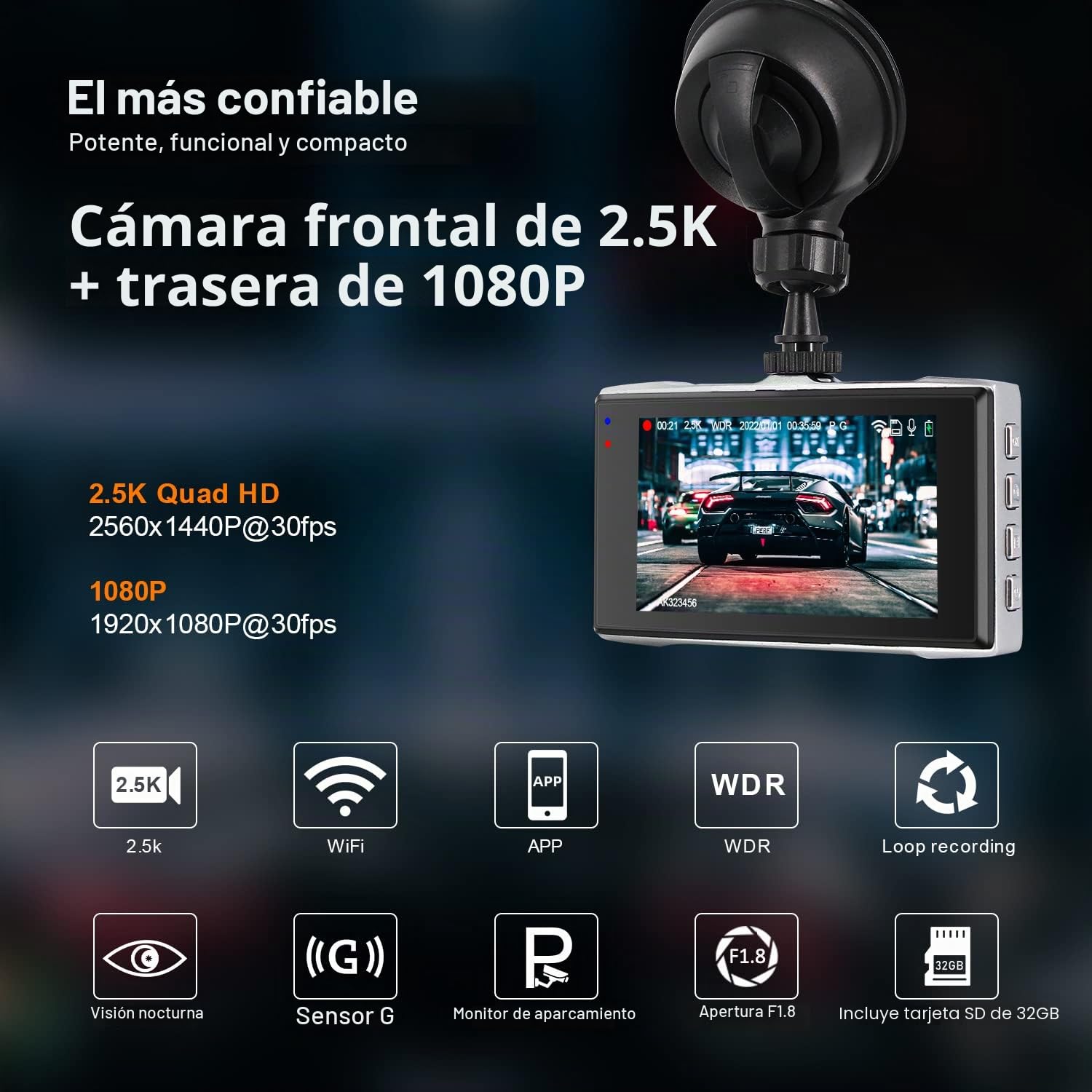 Dash CAM 1440P Cámara Delantera y Trasera 2.5K WiFi Dashcam para Coche Soporte App con Tarjeta SD de 32 GB, Carcasa de Metal, Super visión Nocturna, WDR, Modo estacionamiento, Soporte de 128 GB máx