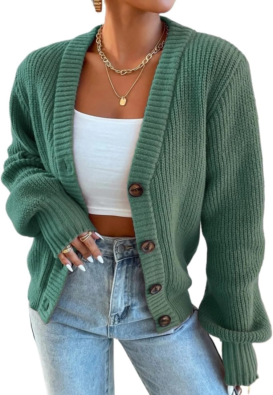 Women's Trench Coat Casual Bishop Sleeve Button Front Cardigan Long Sleeve V Neck Classic Overcoat