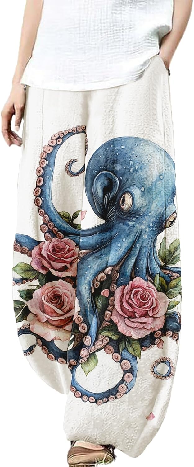 Wide Leg Octopus Pants for Women Summer Baggy Pants Japanese Art Printed Outfits Pants Elastic Waist Lantern Trouser