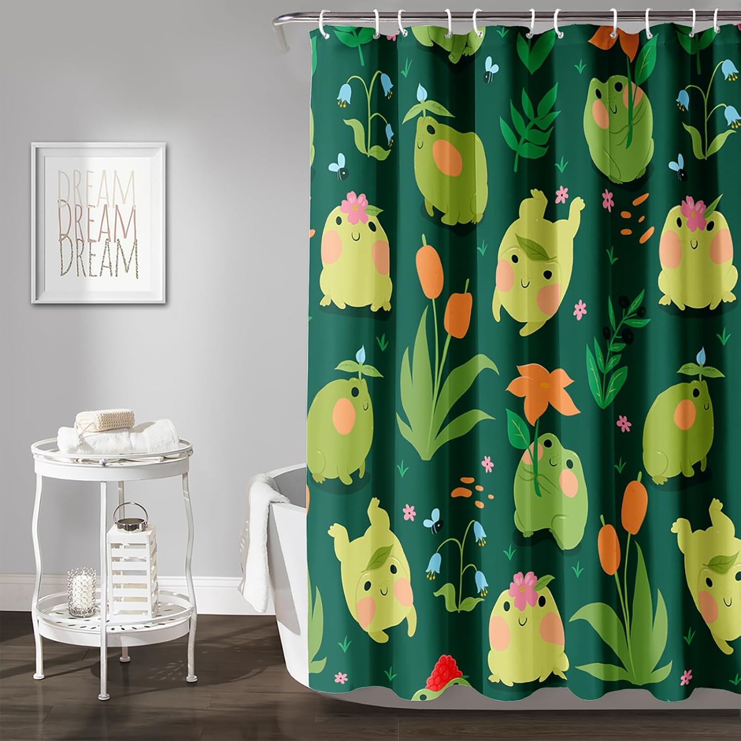 AILONEN Adorable Green Cartoon Frog Shower Curtain for Bathroom,Cute Frog on Lily Pad Bath Curtain,Whimsical Pond Theme Waterproof Fabric Shower Curtains with Hooks,72" Wx72 H