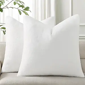 Pallene Faux Fur Plush Throw Pillow Covers 16x16 Set of 2, Soft Fluffy Couch Pillow Covers for Living Room, White
