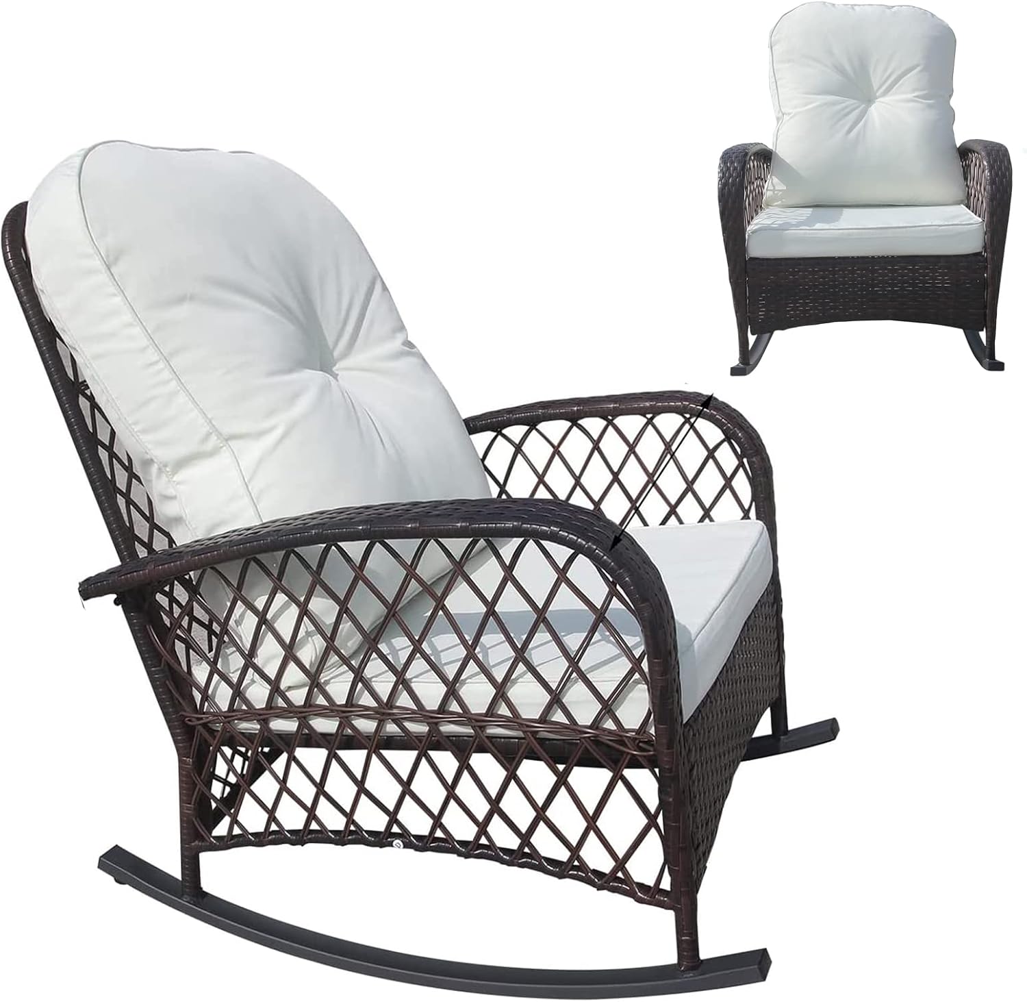 Outdoor Wicker Rocking Chair, Rattan Patio Rocker Chair with Cushion, Garden Rattan Sofa All-Weather Patio Rocker Chairs Weight Capacity 330lbs - Brown with White Cushion