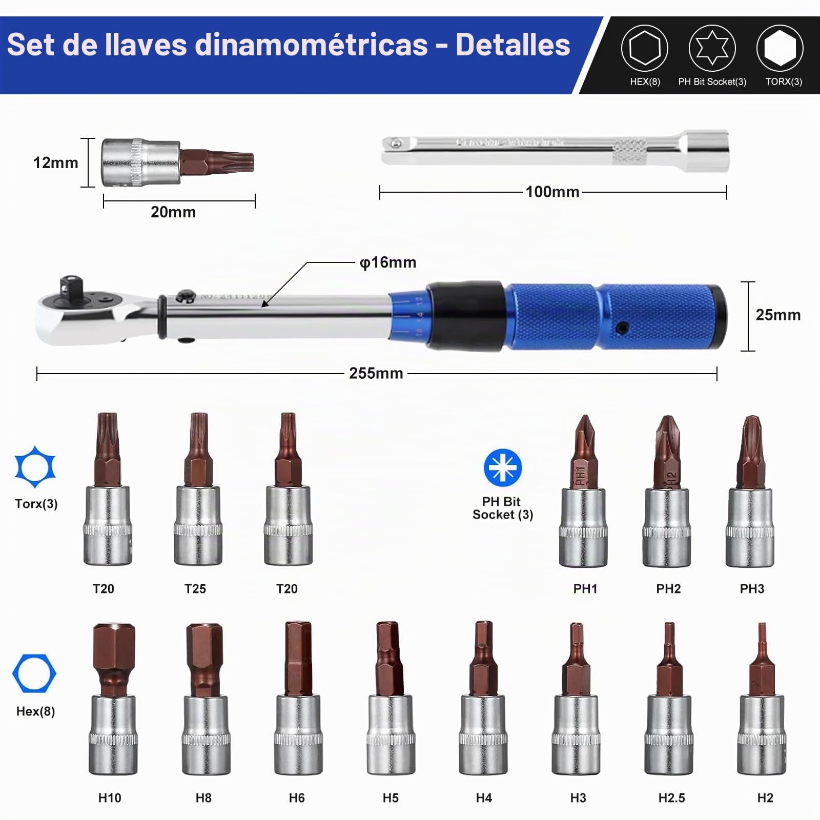 Souvik Llave dinamométrica para Bicicleta 1/4", Para Reparación de Motocicletas y Bicicletas, 2-26 Nm, Precisión de Error ±3%, Incluye 100mm Barras de Extensión, 14 Bits y Almacenamiento