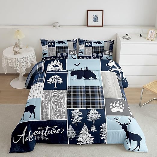 Hunting Bear Deer Comforter Set, Buffalo Plaid Quilt Full