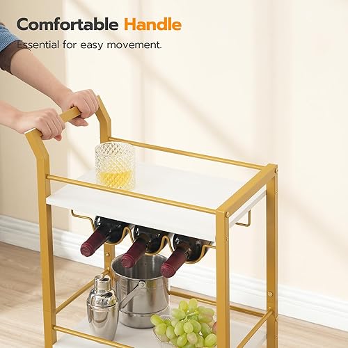 Miniatura 7 de Carrito de bar para el hogar, carrito de cocina de 3 niveles con estante para vino y soportes para vidrio, carrito de servicio con ruedas, carrito