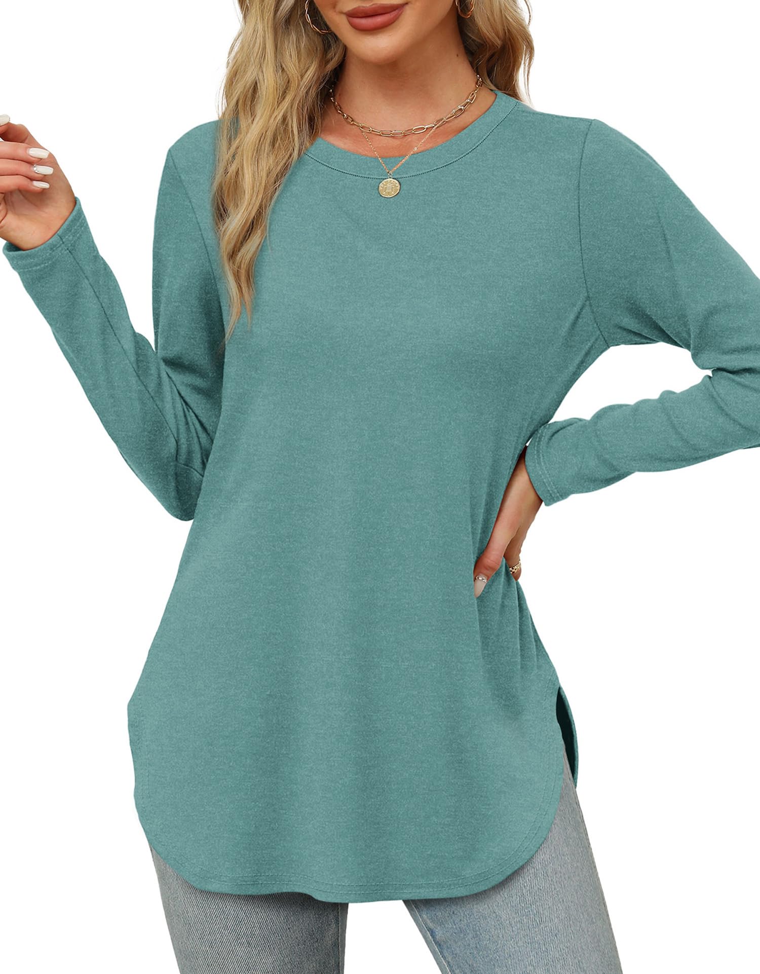 XIEERDUO Womens Long Sleeve Round Neck Shirts Side Split Basic Loose Tunic Tops Casual 2025