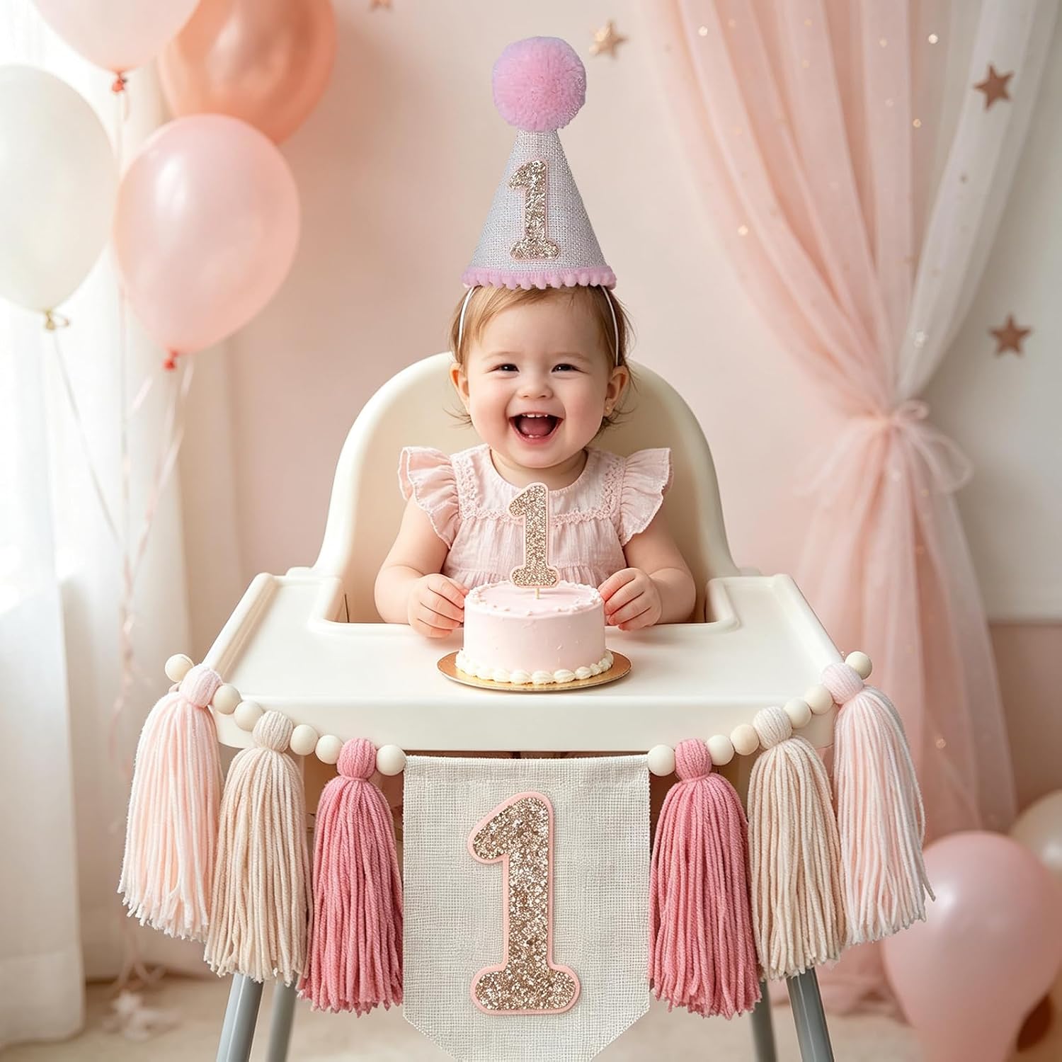 1st Birthday High Chair Banner Set - Pink Boho Princess Tassel Garland