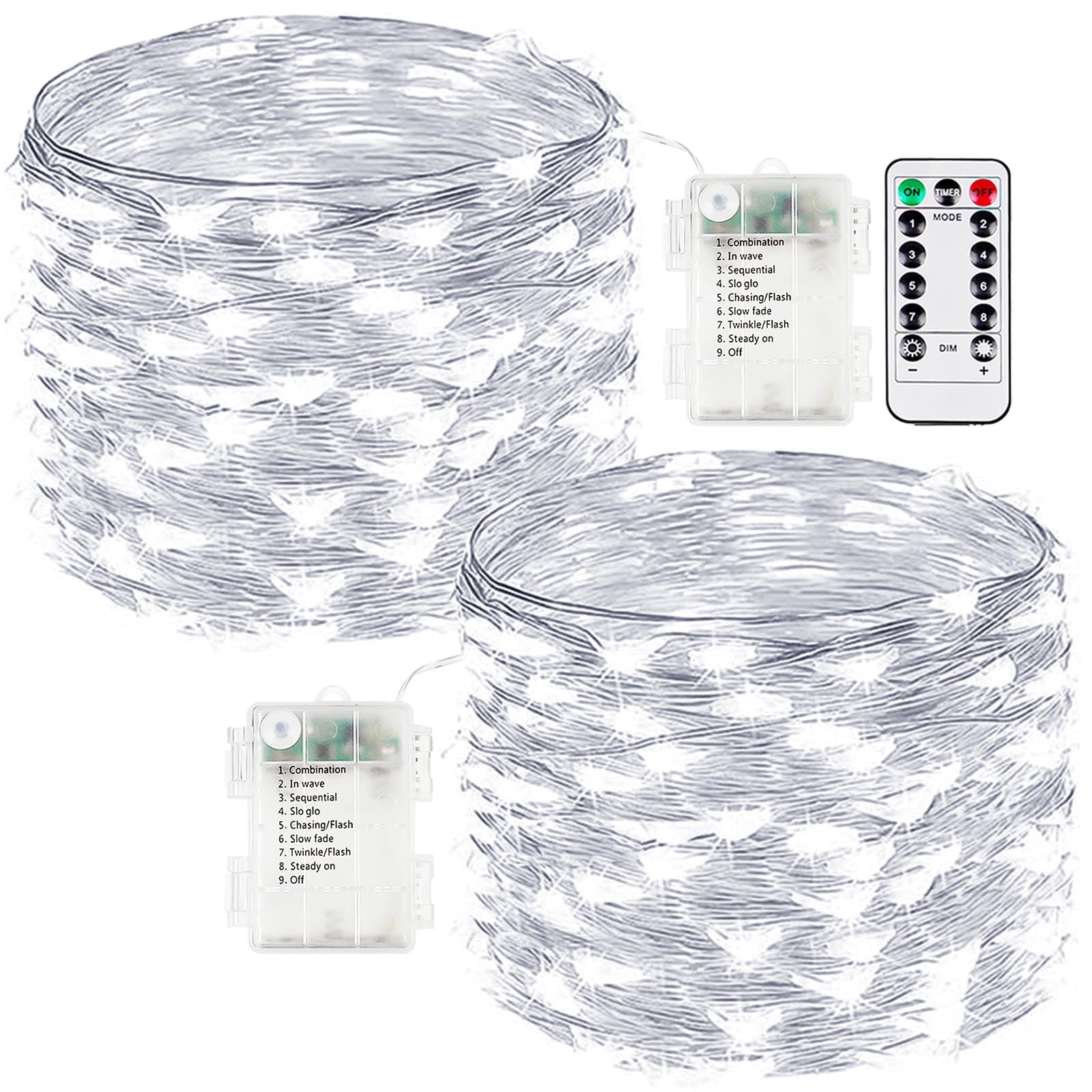2-Pack Fairy Lights Battery Operated with Remote, Waterproof 33FT 100 LED Battery String Lights Outdoor Indoor, 8 Modes Twinkle Lights with Timer for