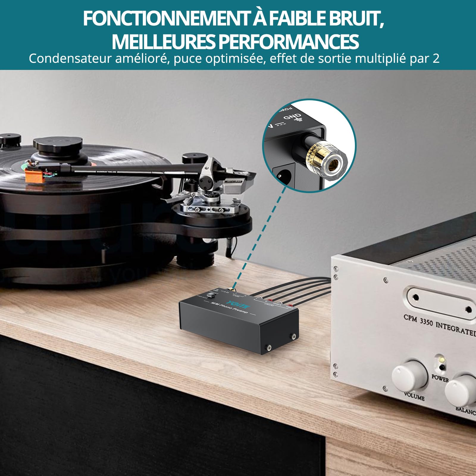 Préampli Phono Mini Préamplificateur Phono M/M avec Adaptateur DC 12V Stéréo Métal à Faible Sortie pour RCA Entrée & Sortie 1/4" TRS Préamplificateur de Tourne-Disque