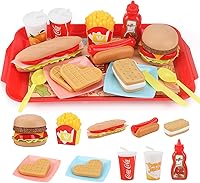 Sotodik 15PCS Removable Pretend Play Food Set - Hamburger Hotdog Fries Tray Combo, Kitchen Role Play Toys for Kids 3+ Boys Girls