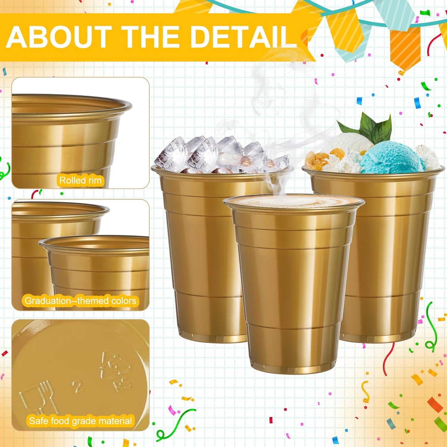 120 Pcs 16 oz Gold Plastic Cups Gold Plastic Disposable Cups 16 oz gold Party Cups for drinking Tastings served Snacks Barbecues Picnics - Image 6