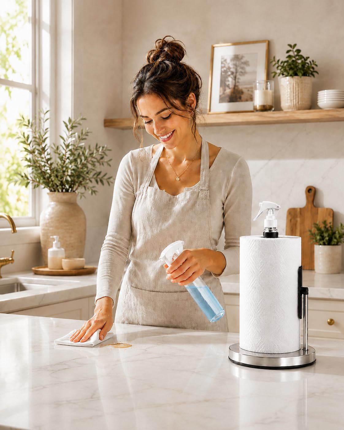 Countertop Paper Towel Holder with Spray Bottle, 2-in-1 Modern Stainless Steel Paper Towel Stand for Kitchen, Standing Weighted Non-Slip Base for Easy One-Handed Tearing, Silver image 3