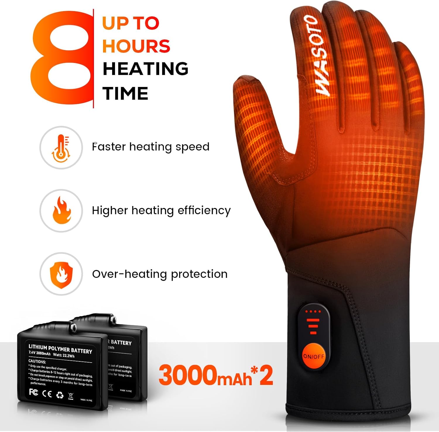 WASOTO Heated Gloves for Men Women,7.4V 22.2WH Electric Rechargeable Windproof Waterproof Touchscreen