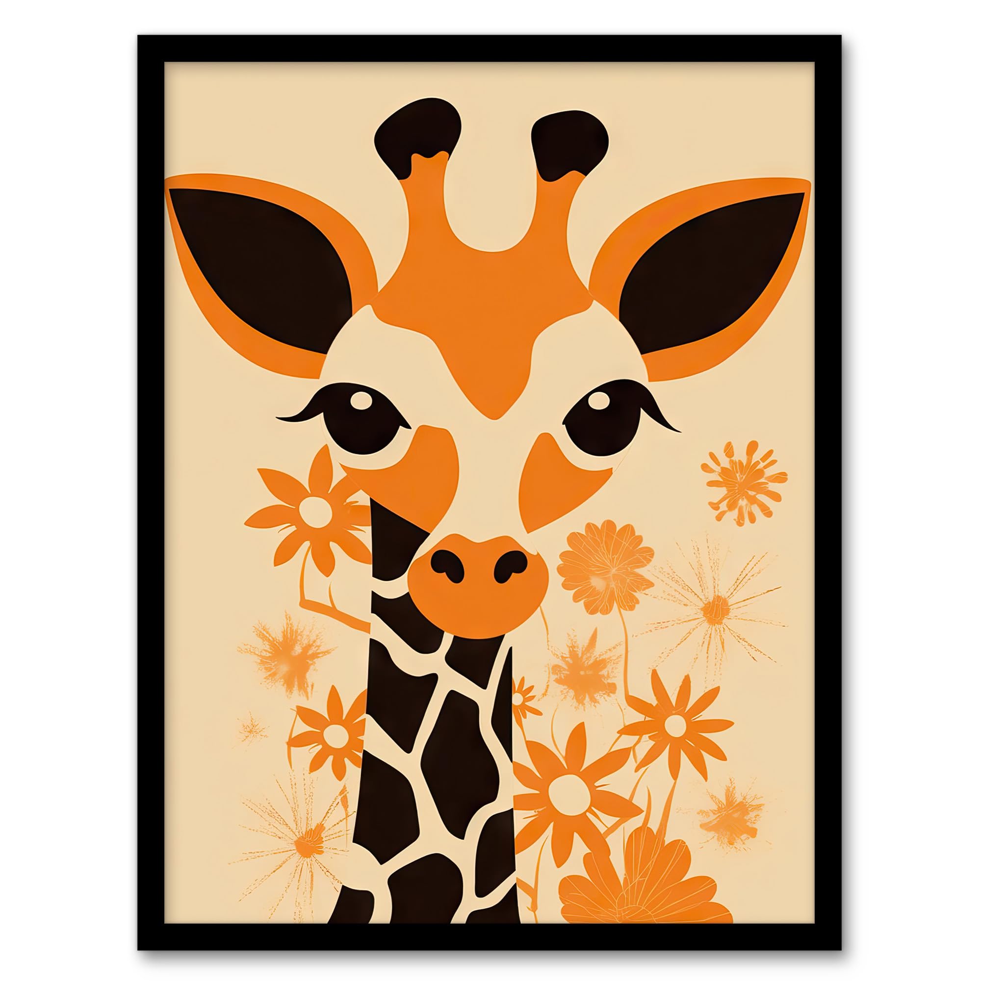 Artery8 Cute Baby Giraffe With Flowers Orange Graphic Artwork Zoo Animal Floral Kids Bedroom Painting Artwork Framed Wall Art Print A4