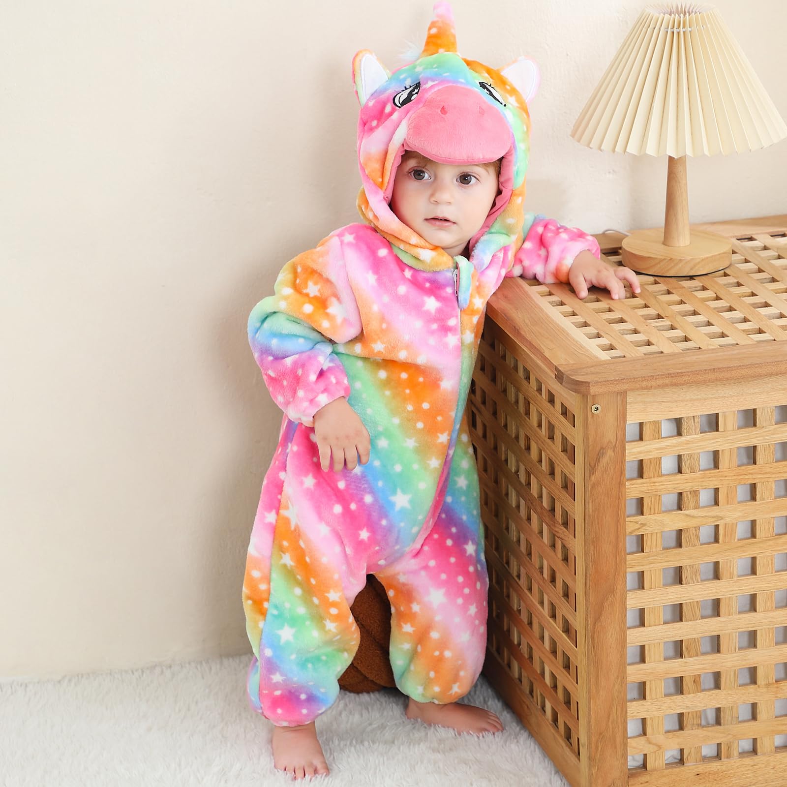 LOLANTA Costume da Unicorno Arcobaleno Drago Dinosauro Unisex per Bambino, Tutina Animale in Peluche Monopezzo con Cappuccio per Bambino