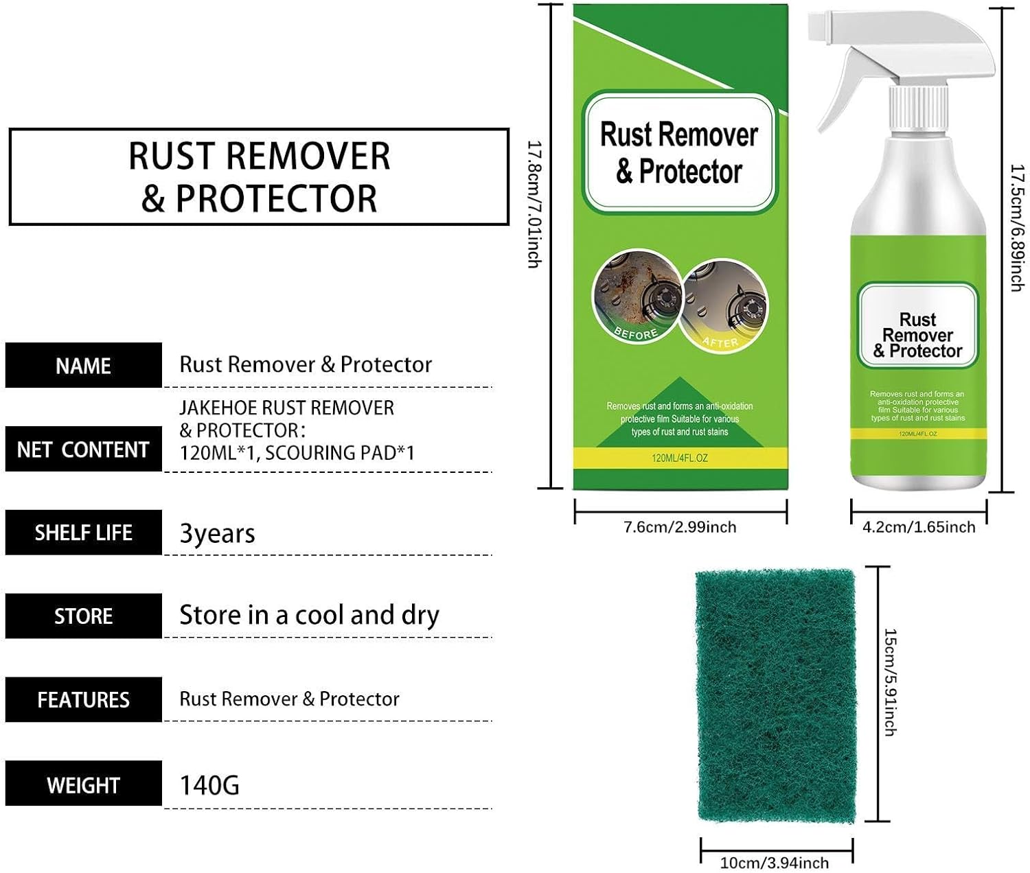 Heavy Duty Rust Remover Spray - 120ml Portable Multipurpose Metal Cleaner, Iron Stain Dissolver with Fast Acting Formula, Oxidation Inhibitor, Maintenance Liquid for Agricultural Industrial Tools
