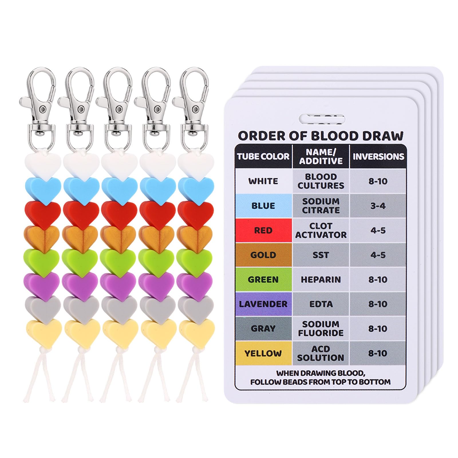 5pcs Order of Blood Draw Beads & 5pcs Reference Cards, Order of Blood Draw Vertical Badge Card Phlebotomy Essentials for RN Nurse Student Practitioner Present
