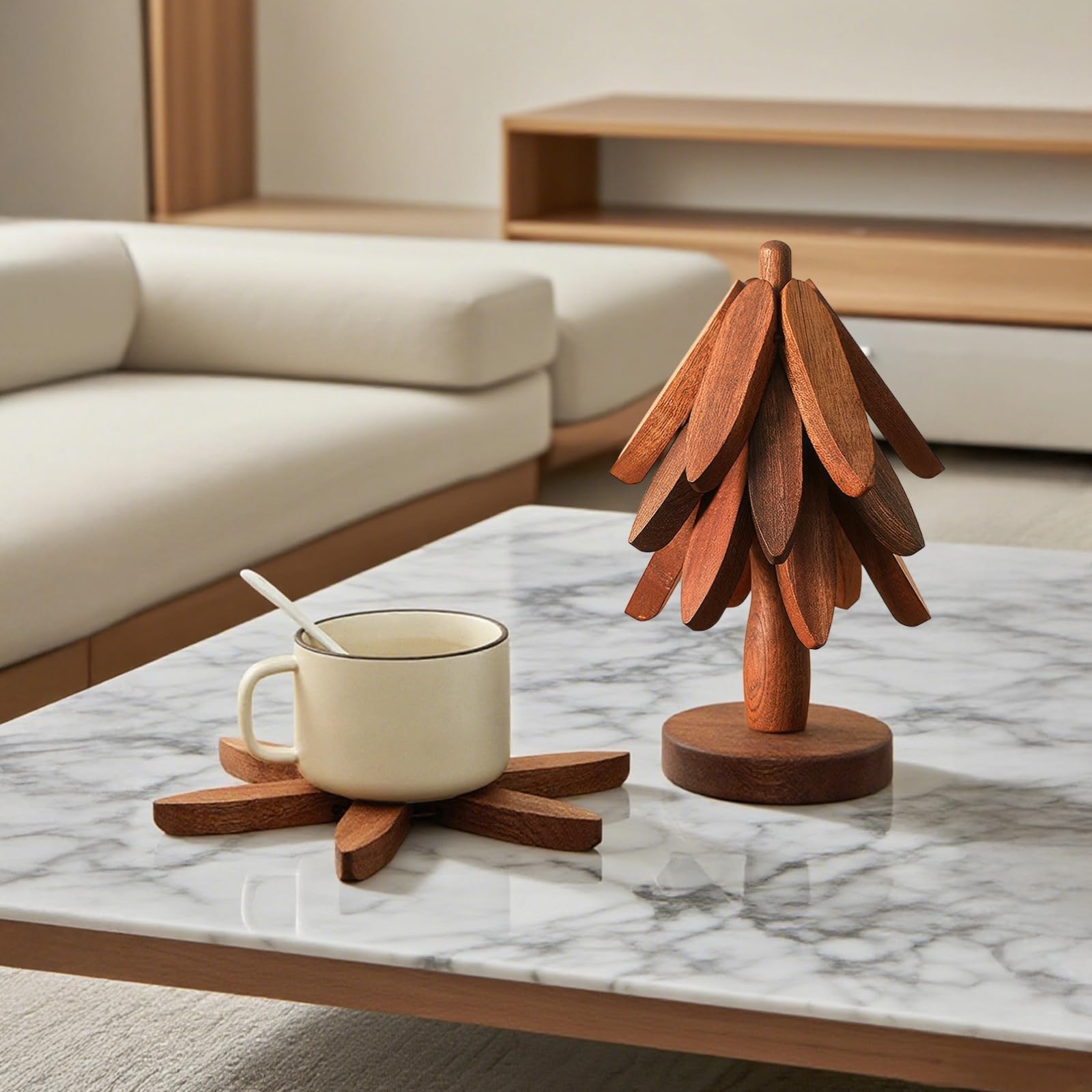 3 Stück Holzuntersetzer mit Sockel, Walnussfarbe, natürliches Baum-Design für heiße Gerichte, Töpfe und Tassen