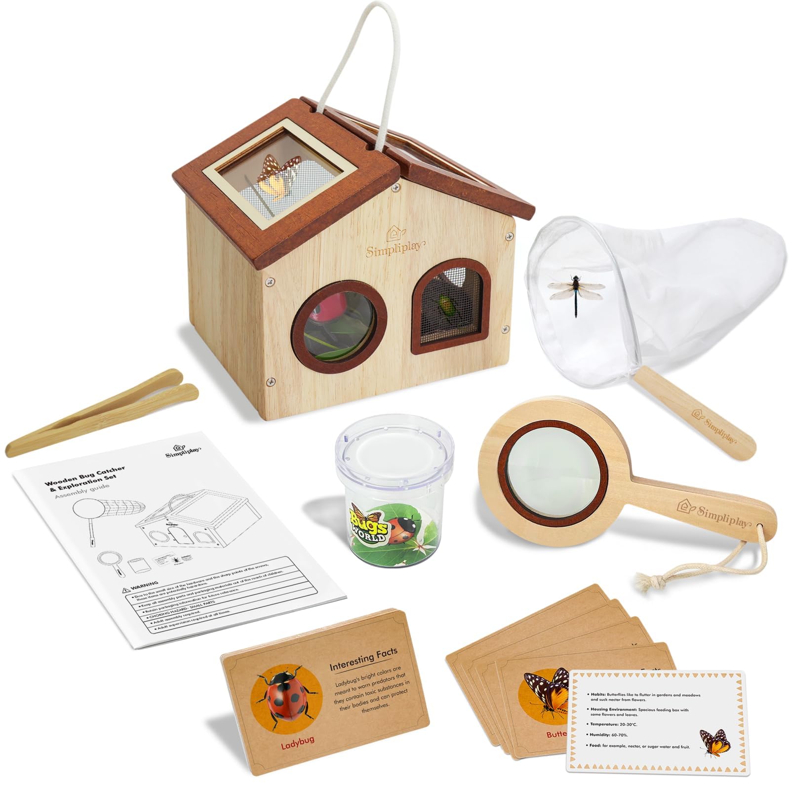 SimpliPlay Kids Bug Catching Kit, 6-in-1 Nature Discovery Kit with Breathable Wooden Critter Habitat House, 15 Bug Learning Guide, Magnifying Glass & Net, Summer Outside Toys, Gift for Kids