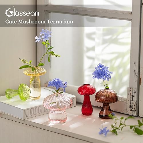 Miniatura 2 de Glasseam Macetero de cristal de hongo, juego de 5 estaciones de propagación de plantas de colores, mini terrario para plantas, pequeño jarrón de