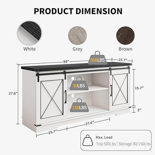 Miniatura 2 de IDEALHOUSE Soporte de TV de granja centro de entretenimiento para consola multimedia de TV de 65 pulgadas, puertas de granero grises con