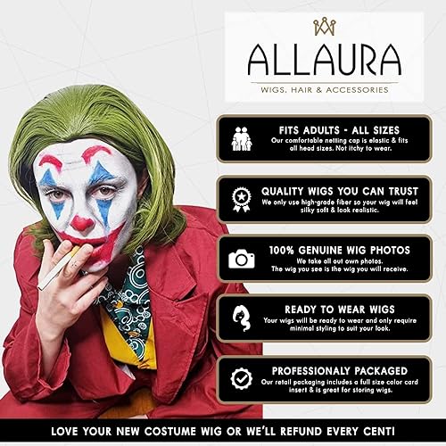 Miniatura 4 de ALLAURA - Peluca de disfraz de Joker peluca verde Arthur Fleck peluca Cosplay Oompa-Loompa cabello verde para hombres y mujeres - Se adapta a todos