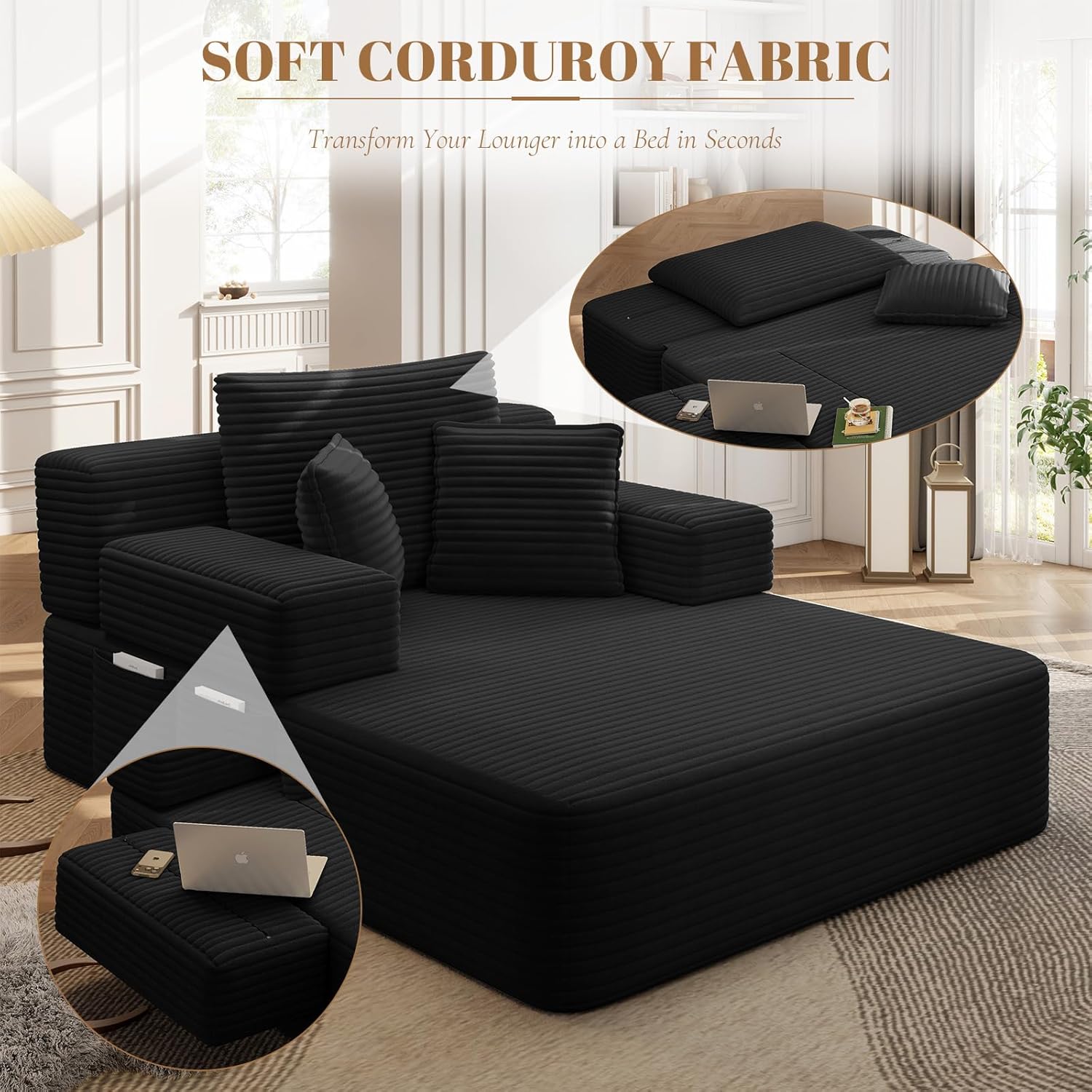 Boneless Chaise Lounge Chair Indoor, 60" Oversized Sleeper Couches W/Foldable Armrest Cloud Corduroy Upholstered Reading Chairs Floor Sofa Bed for Living Room No Assembly, Black