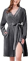 Ekouaer Women's Short Plush Fleece Bathrobe - Knee Length Warm Soft Robe with Pockets, S-XXL Winter Loungewear