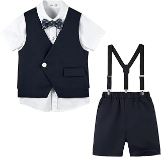 Short Suit for Boys Summer Wedding Ring Bearer Outfit Graduation 6 Pieces Shirt Vest Shorts Set