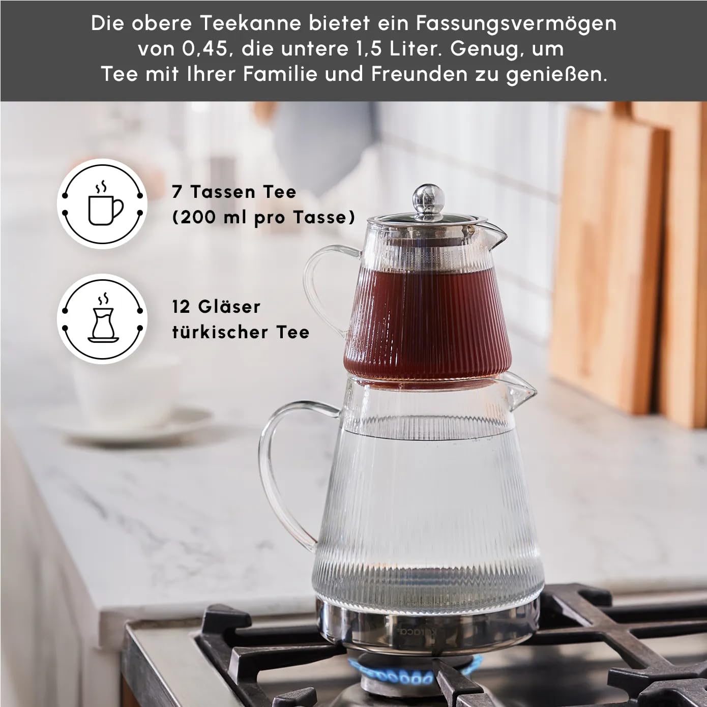 Karaca Keops Borosilikatglas Teekannen-Set mit Edelstahl-Teesieb, 1,5 L Kessel & 0,45 L Glas Teekanne mit Sieb, Turkish Tea Pot, Caydanlik, Türkischer Teebereiter für Kräutertee, losen Tee