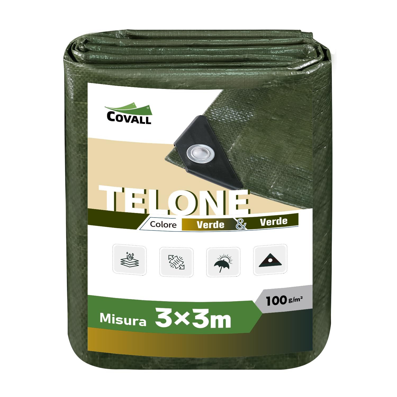 Telo Telone Teloni impermeabile 100g/m² Medio 3x3m Consolida fori di saldatura a secco Multiuso Resistenza a strappo tenda UV telone tetto barca camion Telone auto RV (verde)