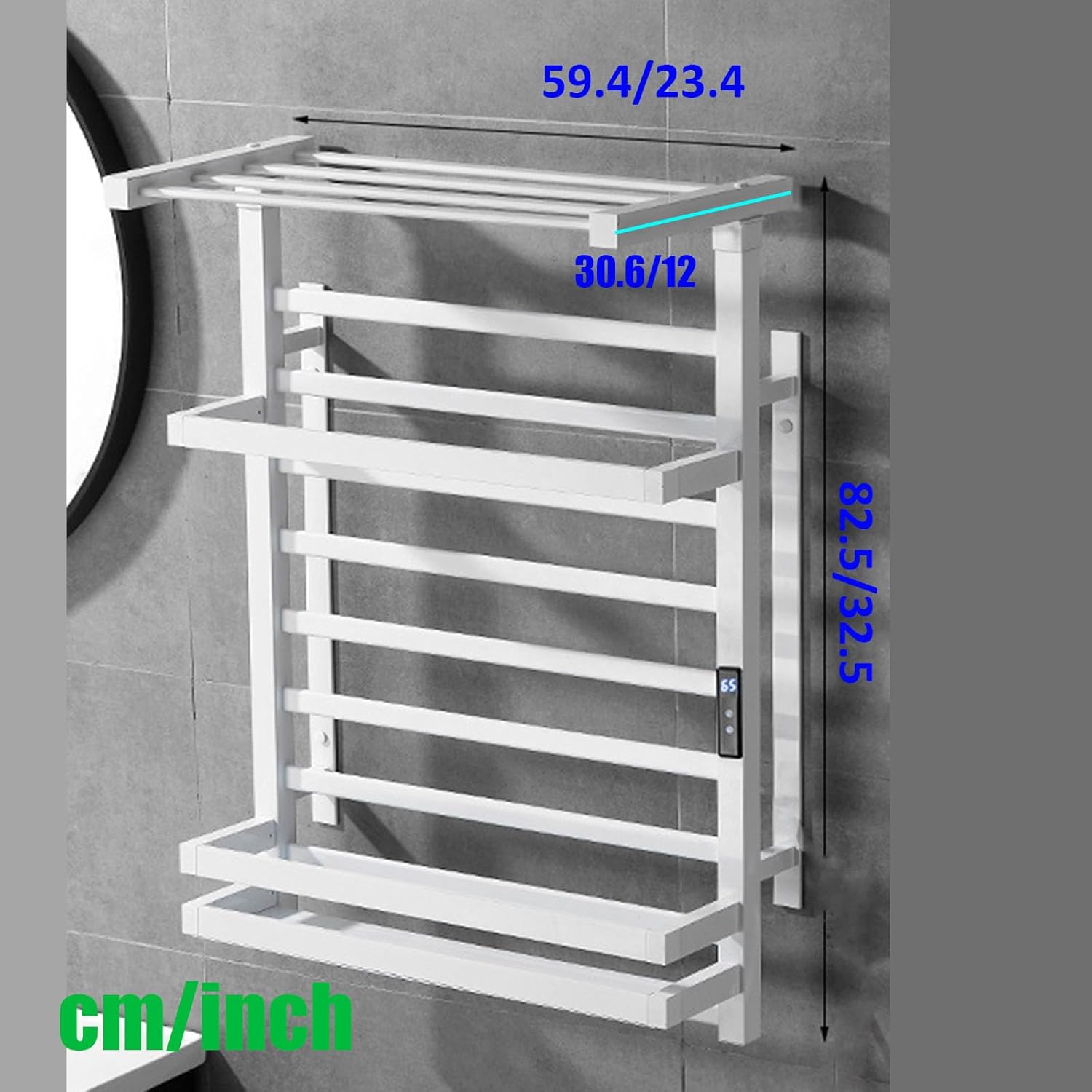 White,Left line,Towel Rack Wall Mounted with Touch Screen,Bathroom Accessories Heated Towel Rack with Timer,Rack with Top Shelf