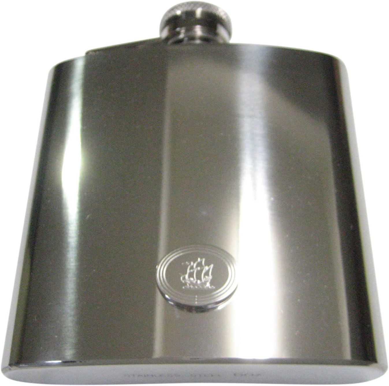 Kiola Designs Silver Toned Etched Oval Old Style Ship 6 Oz. Stainless Steel Flask