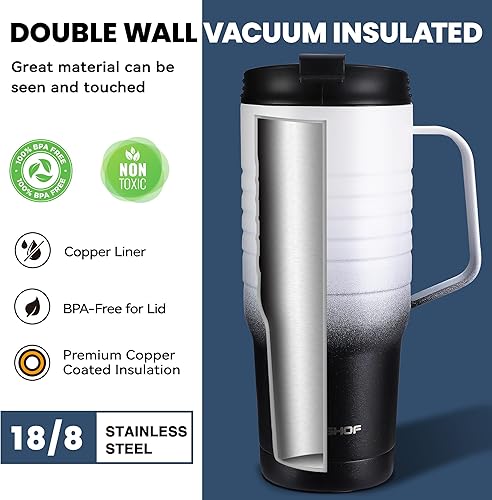 Miniatura 25 de HAUSHOF Taza de viaje de 24 onzas con asa, taza de café aislada al vacío de acero inoxidable, tazas de viaje de doble pared con tapa a prueba