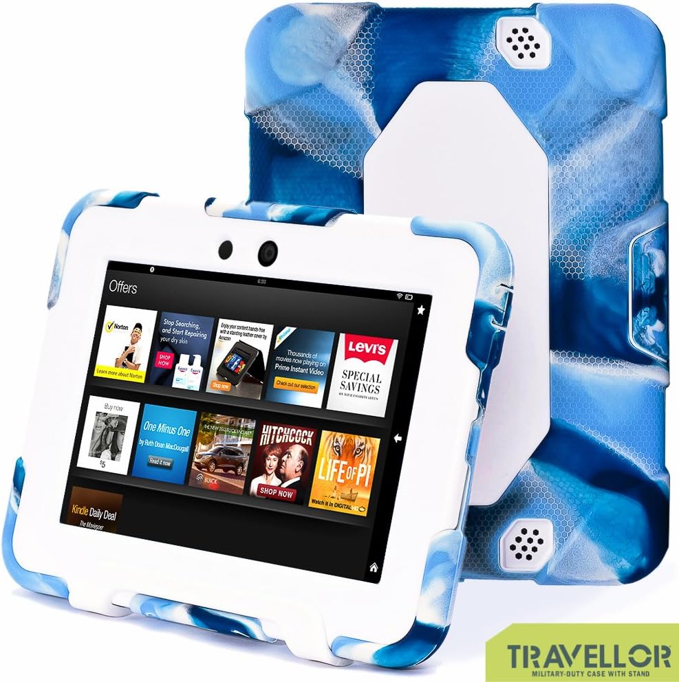Kindle Fire Hd 7” Case New Hot Item Slim Fit Silicone Plastic Dual Protective Back Cover Standing Case Kid Proof Case for Amazon Kindle Fire Hd 7 Inch (Camo Blue/White)