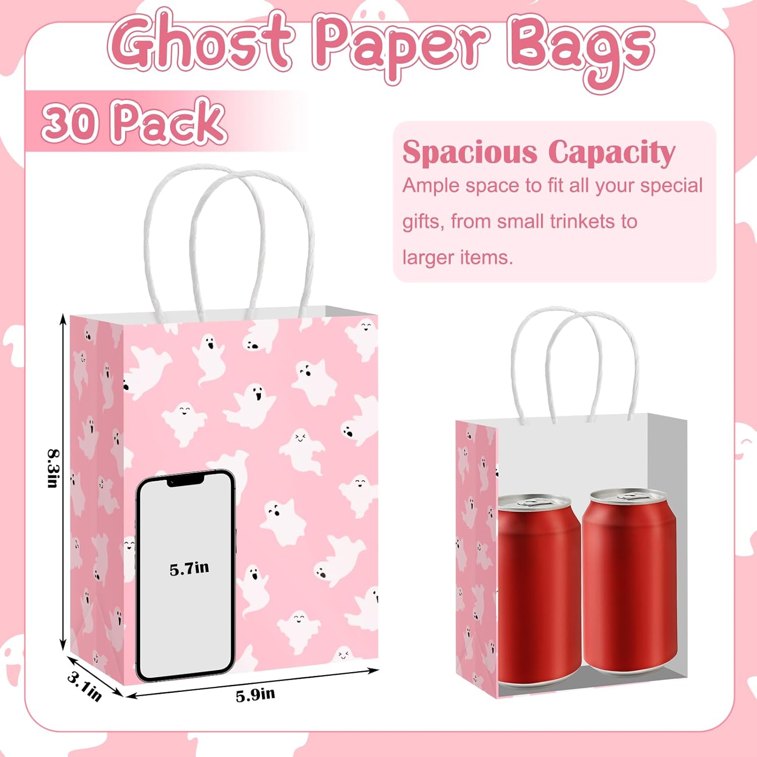 Kolldenn 30 Pcs Halloween Ghost Paper Gift Bags with Handles Cute Pink Ghost Goodie Treat Bags for Halloween Party Booday Favor Supplies - Image 3