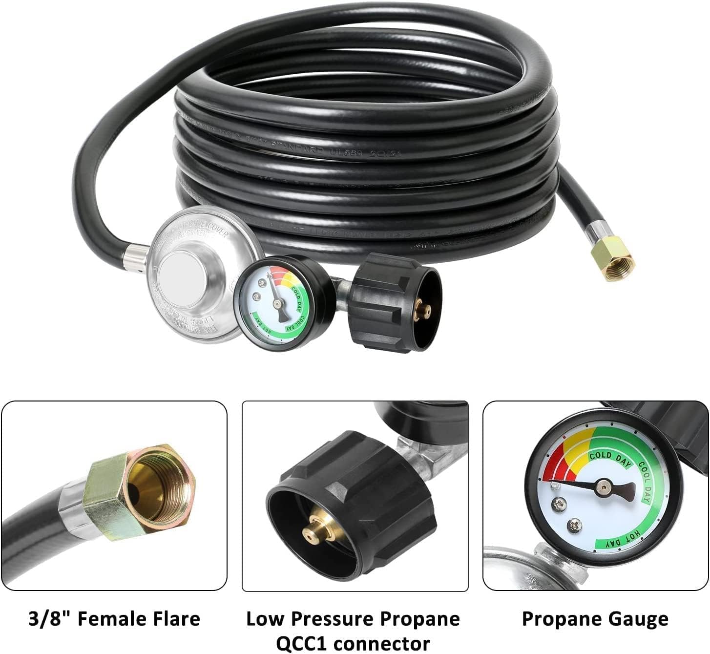 ATKKE 12ft Propane Hose Regulator with Gauge, Gas Grill Regulator with Gauge for Most LP Gas Grill, Heater, Fire Pit Table, Generator and More, 5~40 lb, 3/8 Female Flare Nut, QCC1/Type1, Low Pressure