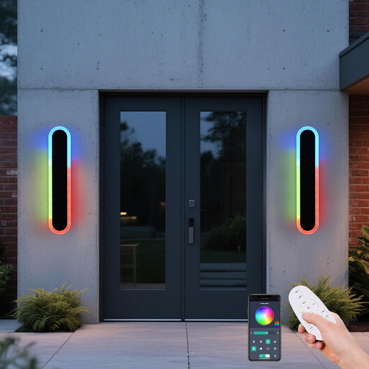 TODOLUZ 2-Pack 24-Inch RGB Outdoor Wall Light Fixture, IP65 Waterproof 16W Dimmable LED Linear Wall Sconce Lighting with Remote Control for Garage Porch Front Door