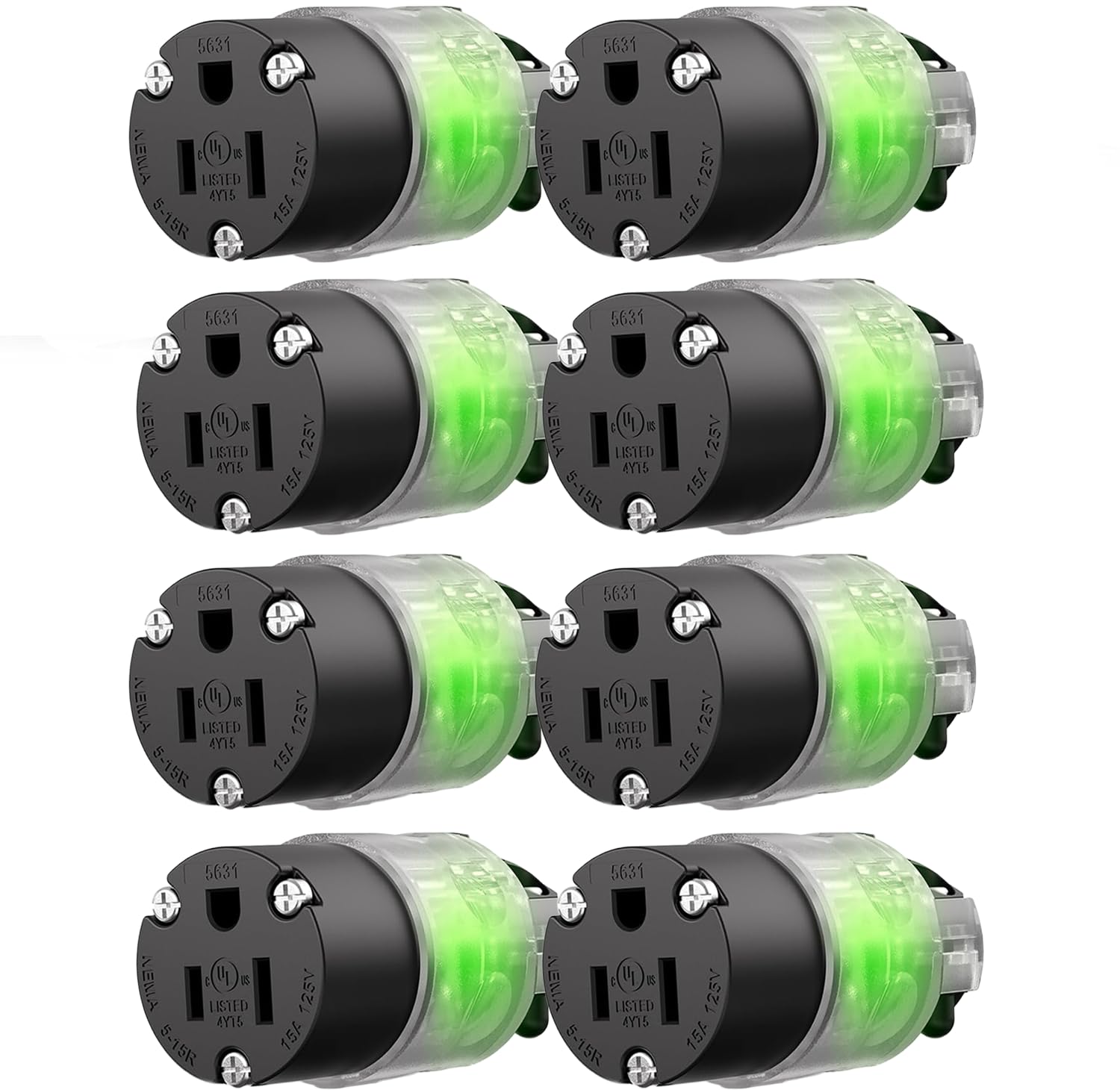 8 Pack Lighted Extension Cord Replacement Ends15 Amp 125 Volt NEMA 5-15R 2 Pole 3 Wire Grounding Electrical Connectors Female Plug End Replacement 3 Prong Commercial Grade, Black