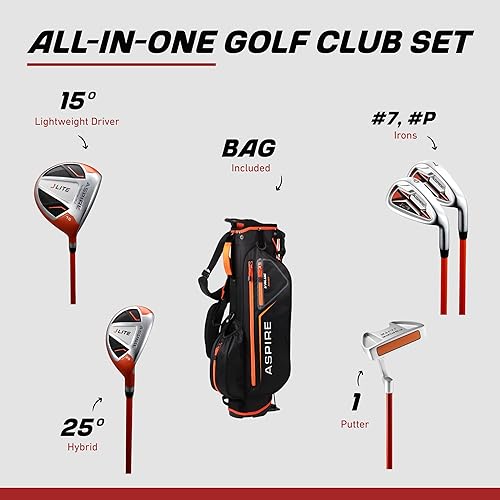 Vista 2 de Aspire X-Lite Super Performance Junior Golf Club Set - Right-Handed Kids Golf Set with Driver, Hybrid, 7 Iron, Putter, Stand Bag & Headcovers Naranja