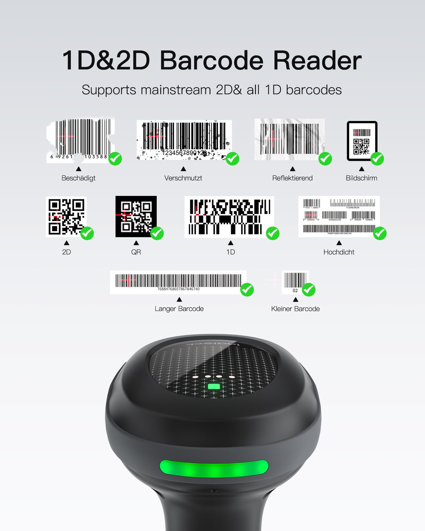 Inateck Barcode Scanner Kabellos 2D PDF417, QR Code Scanner mit 2 x 2000mAh Austauschbaren Akkus, mit Ladestation, mit Bluetooth und Kabel USB, Kompatibel Android iOS, für Lagerhaltung und Logistik