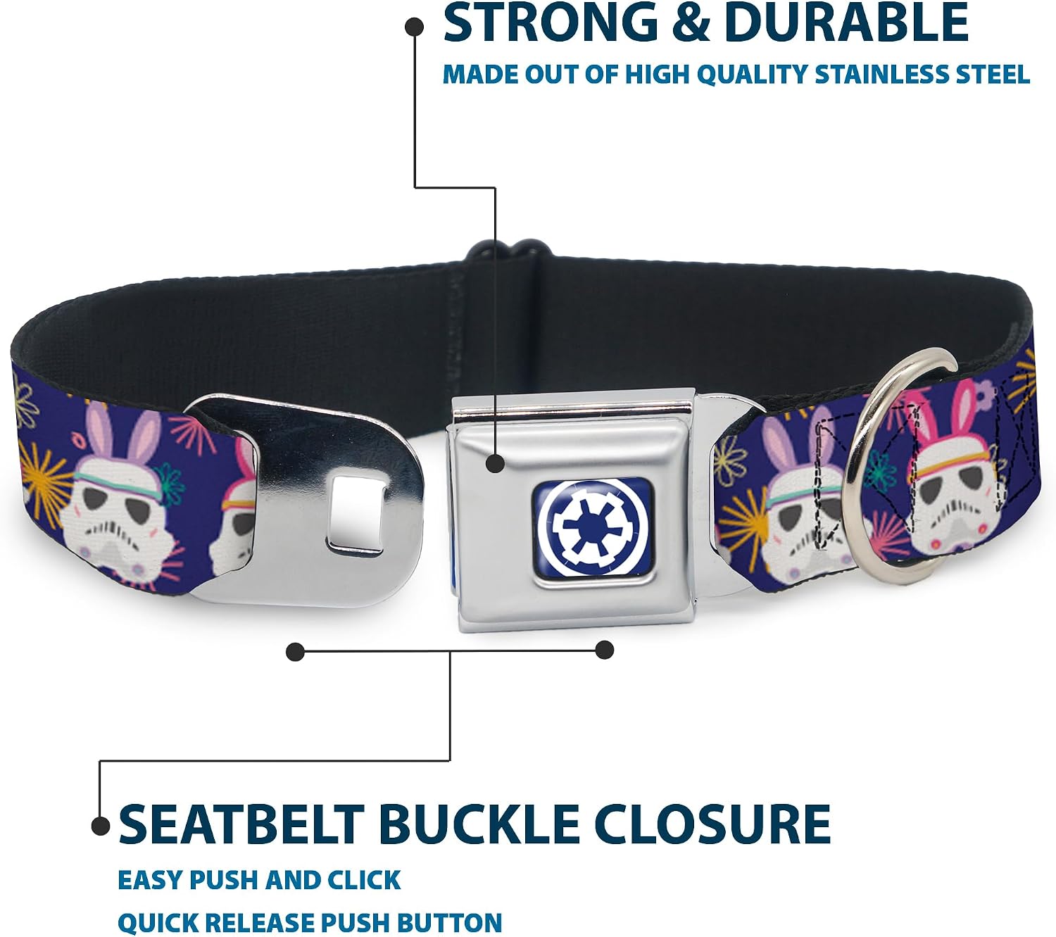 Star Wars Pet Collar, Dog Collar Metal Seatbelt Buckle, Star Wars Holiday Stormtrooper Easter Bunny Ears Purple, 15 to 24 Inches 1.0 Inch Wide