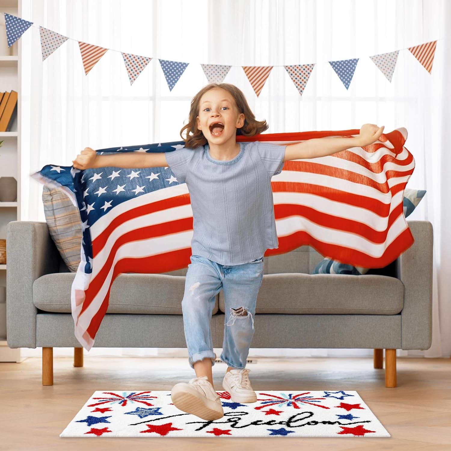 JarThenaAMCS Patriotic Bathroom Rug Absorbent Freedom Star Tufted Bath Mat Non Slip Rectangle 4th of July Shower Rug Front Door Mat for Independence Day Home Room Entrance
