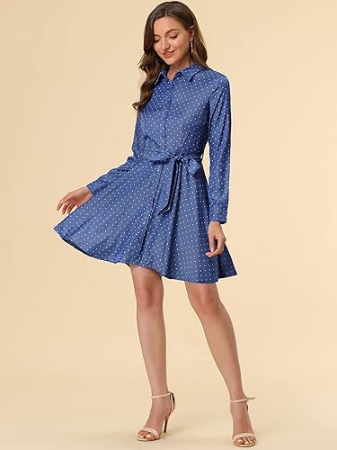 Miniatura 3 de Allegra K Vestido camisero con cinturón de lunares y manga larga con botones para mujer