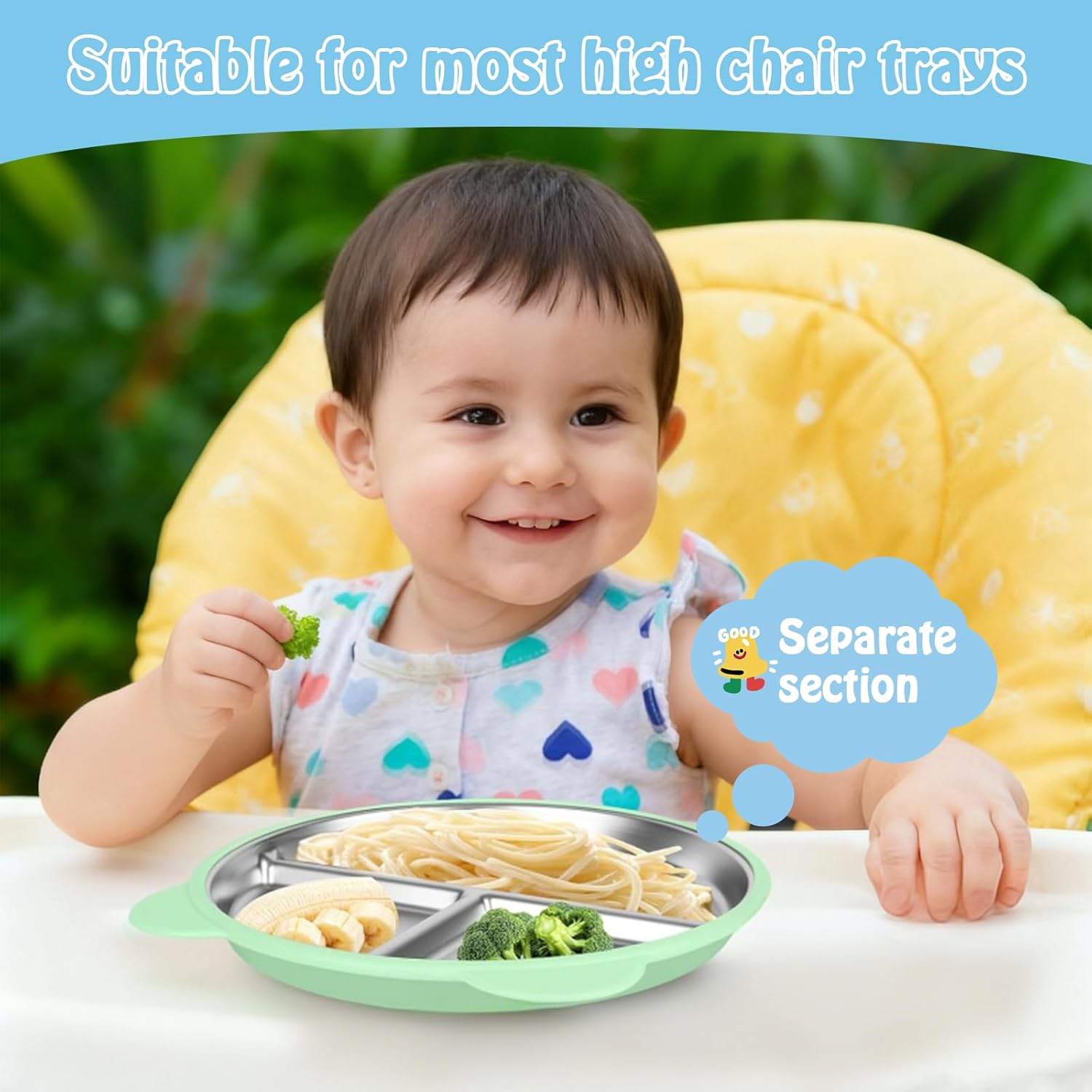 4 Pack Stainless Steel Toddler Plates with Suction - 9" Kids Divided Plates Removable Silicone Sleeves for Baby Led Weaning, Bear Ear Design Non Slip BPA-Free Dishwasher Safe