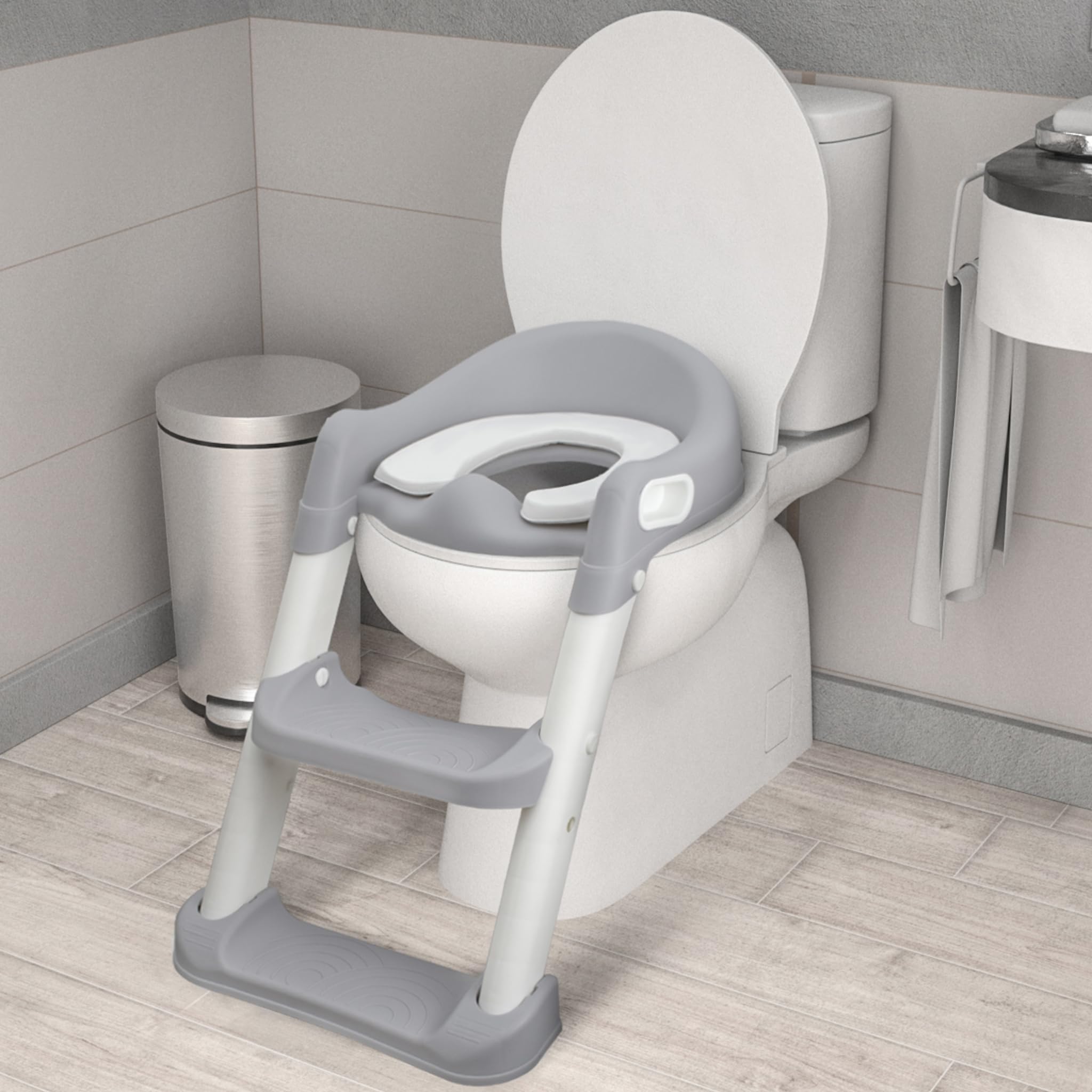 Almar Baby Adaptador WC para Niños con Escalera Reductor de Inodoro Asiento WC de Niños con Escalera Antideslizante Plegable con Cojín Gris