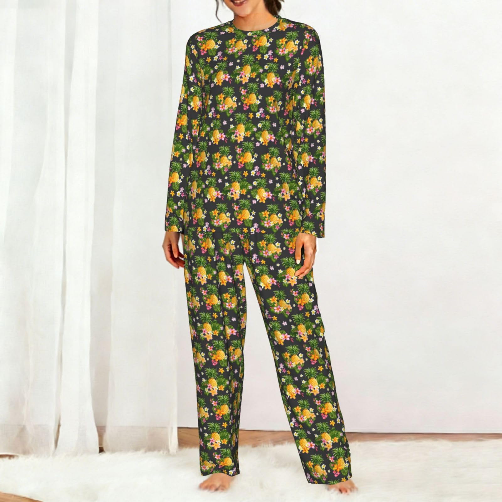 Pigiama da donna a maniche lunghe con stampa hawaiana tropicale ananas morbido elastico coulisse casual Daywear