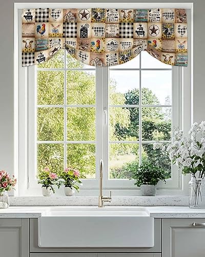 Cenefa de amarre para cocina, diseño de animales de granja, diseño de cerdo, vintage, negro, a cuadros, ajustable, con bolsillo para barra, cortina