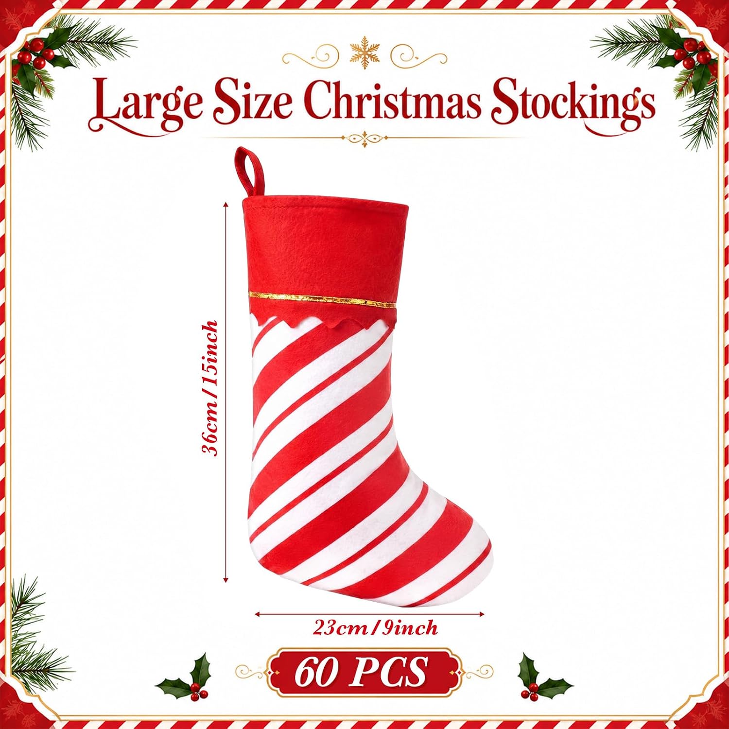 Zubebe 60 Pcs Felt Christmas Stockings Bulk, 15'',Red White Twill Stripe