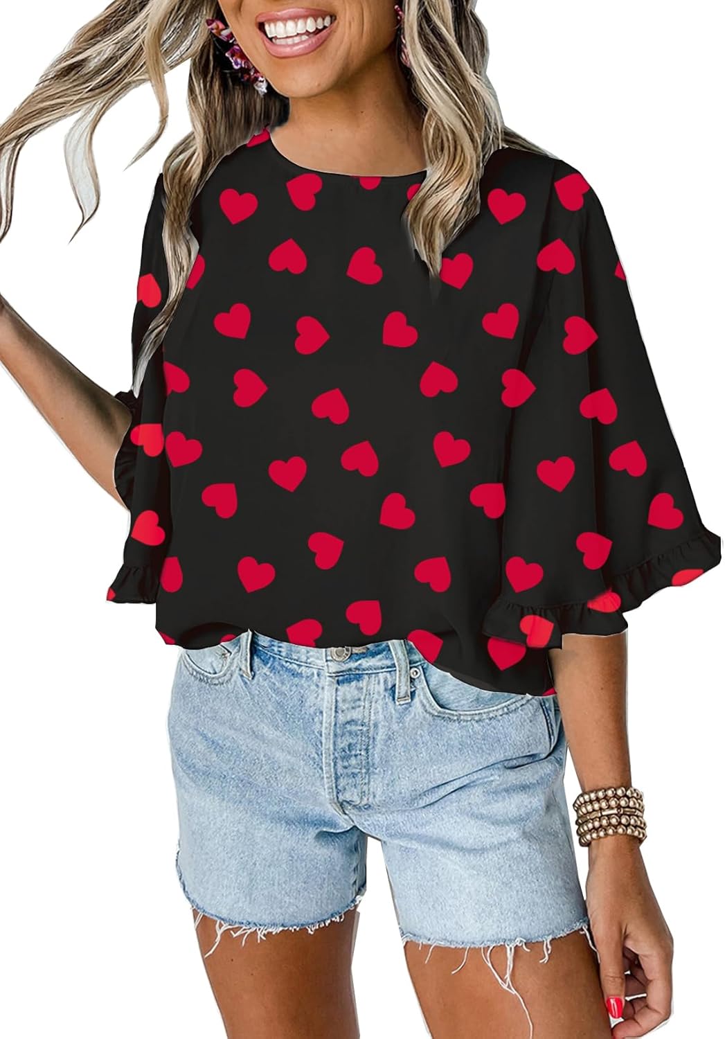 Roshop Valentines Shirts Women's Heart Blouse Dressy 3 4 Ruffled Bell Sleeve Cute Hearts Shirt